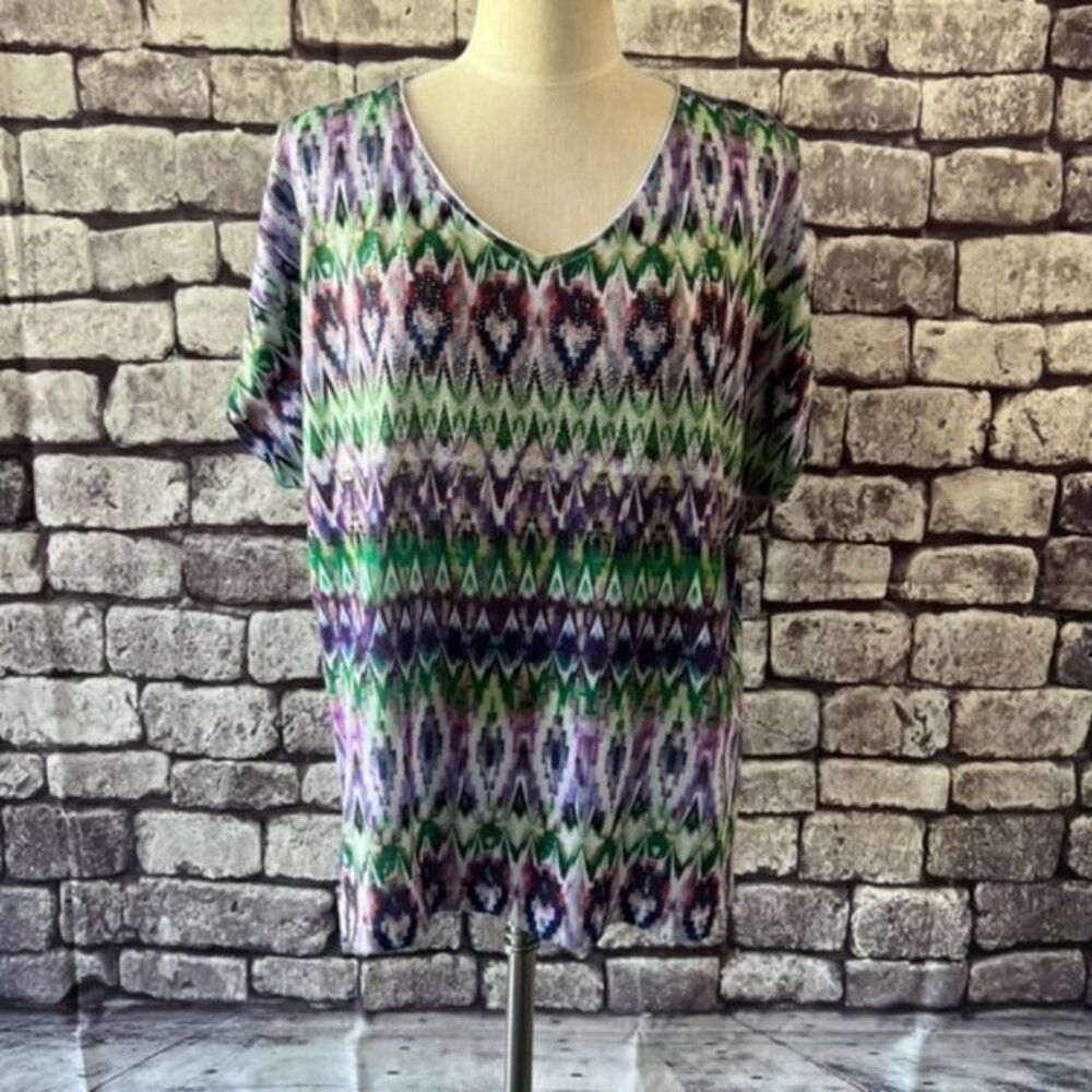 Chico's Purple, Green & White Cap Sleeve Top Size XL